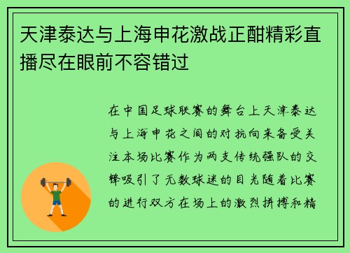 天津泰达与上海申花激战正酣精彩直播尽在眼前不容错过
